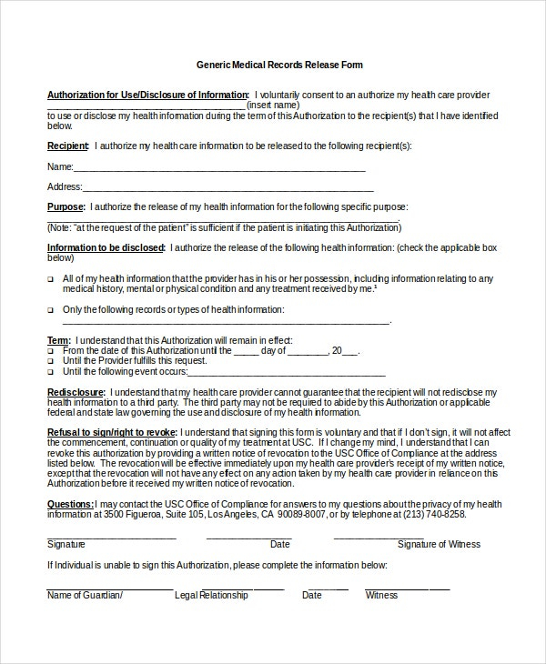 10 Medical Release Forms Free Sample Example Format Free