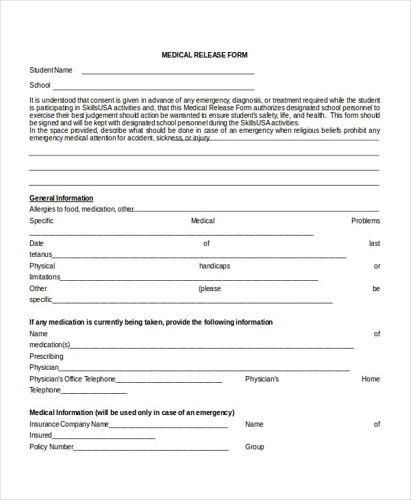 10 Medical Release Forms Free Sample Example Format Free 