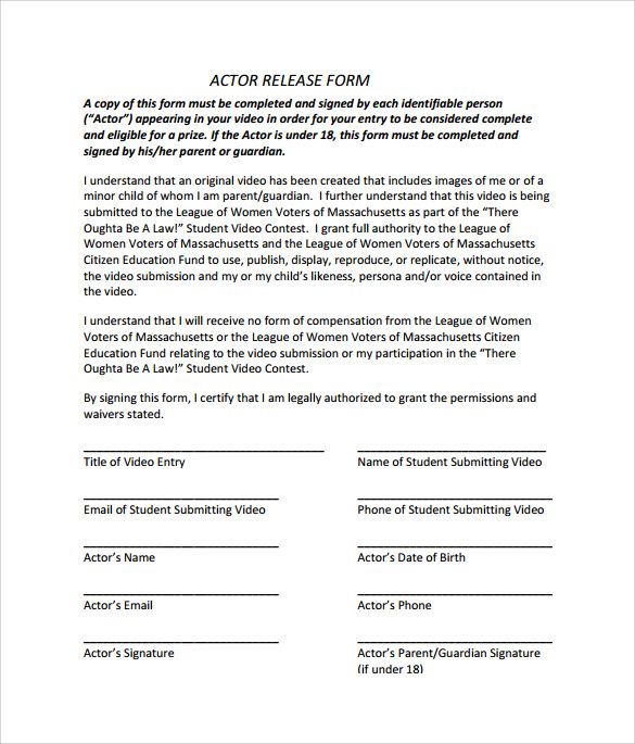 10 Sample Actor Release Forms To Download Sample Templates