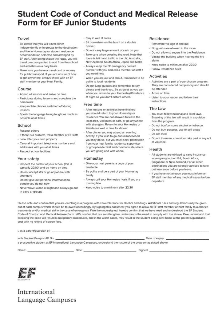 19 LS Student Code Of Conduct And Medical Release Form For EF Junior 