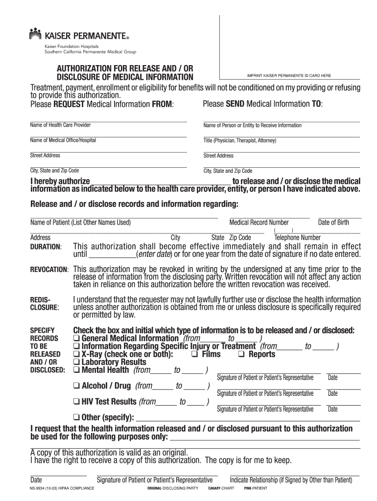 2003 Form CA Kaiser NS 9934 Fill Online Printable Fillable Blank 