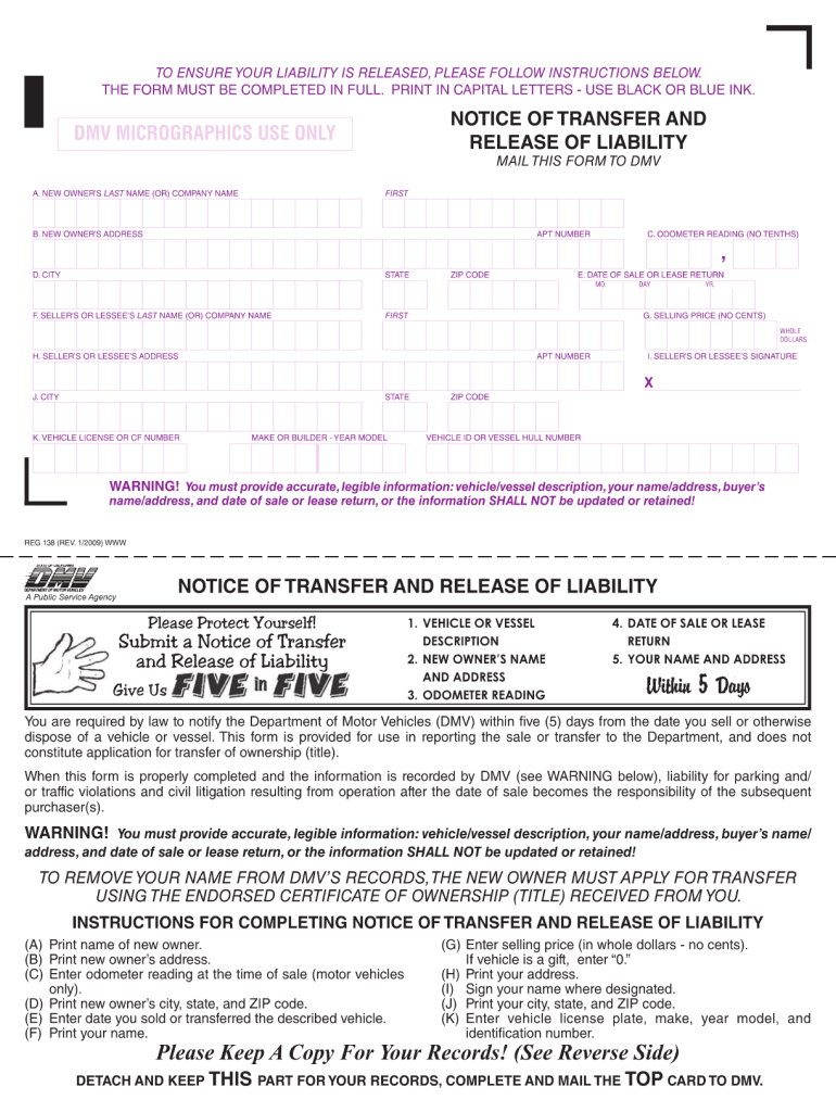 2009 Form CA DMV REG 138 Fill Online Printable Fillable Blank 