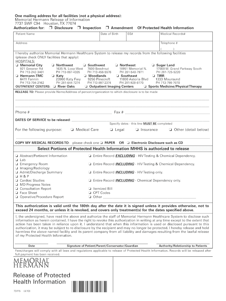 2013 Form Memorial Hermann 73115 Fill Online Printable Fillable 