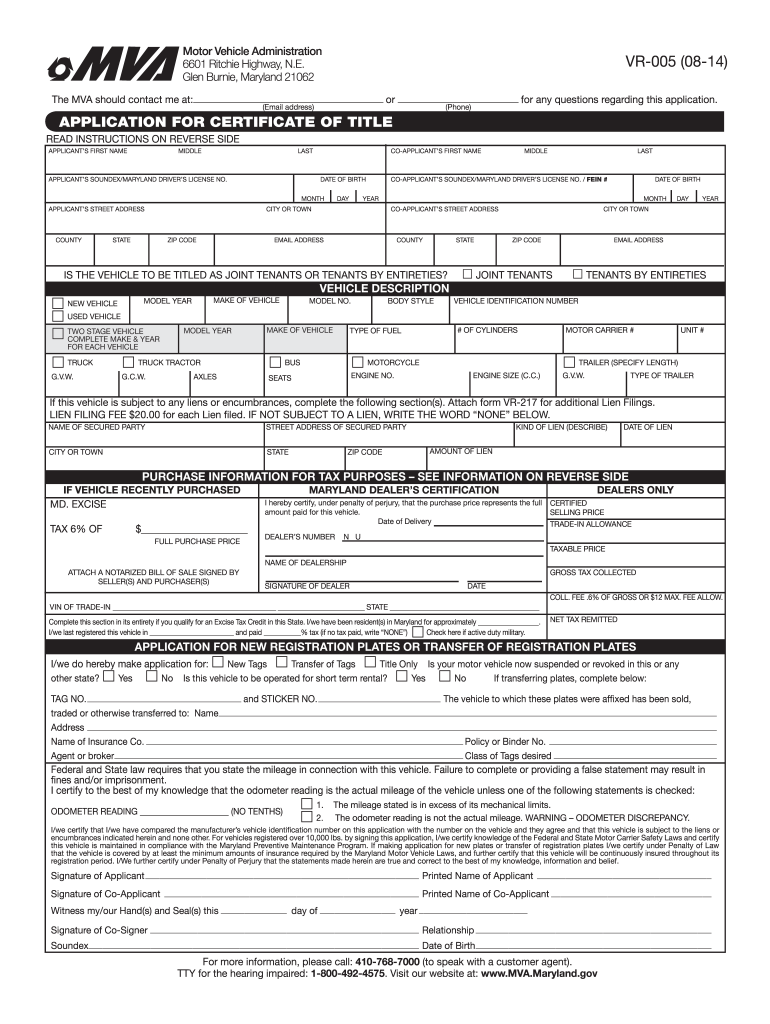 2014 Form MD VR 005 Fill Online Printable Fillable Blank PdfFiller