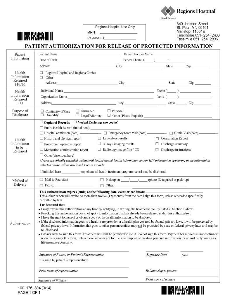 2014 MN Regions Hospital Patient Authorization For Release Of Protected