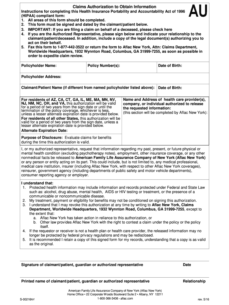 2016 Form Aflac NYS 00216 Fill Online Printable Fillable Blank 