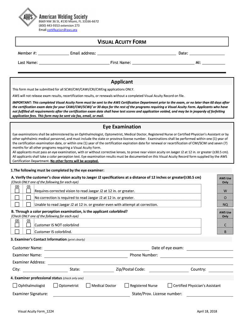 2018 2021 Form AWS Visual Acuity Record Fill Online Printable 