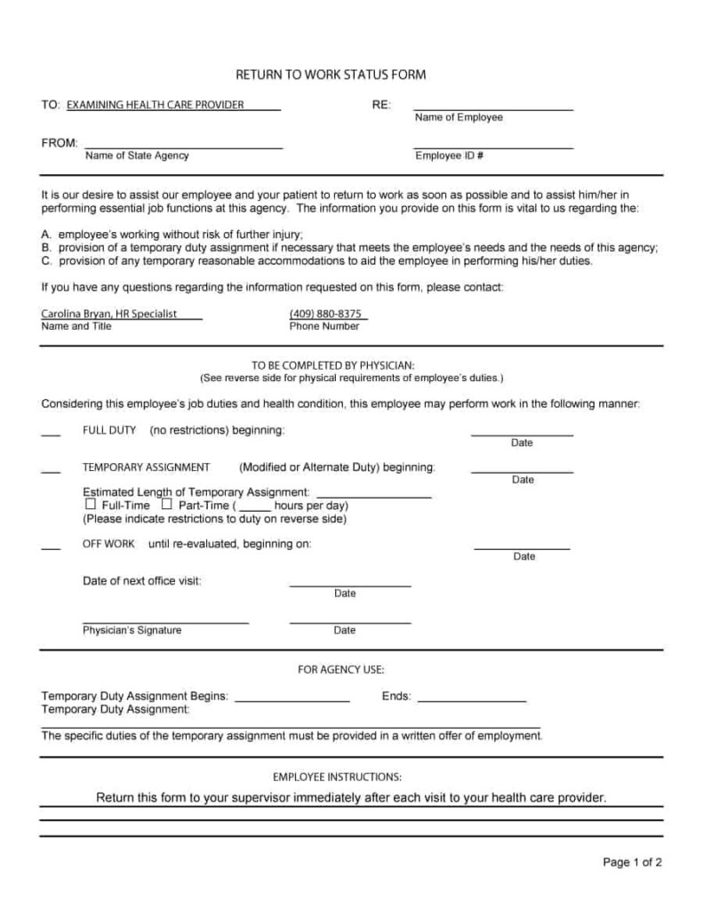 44 Return To Work Work Release Forms Printable Templates Return 