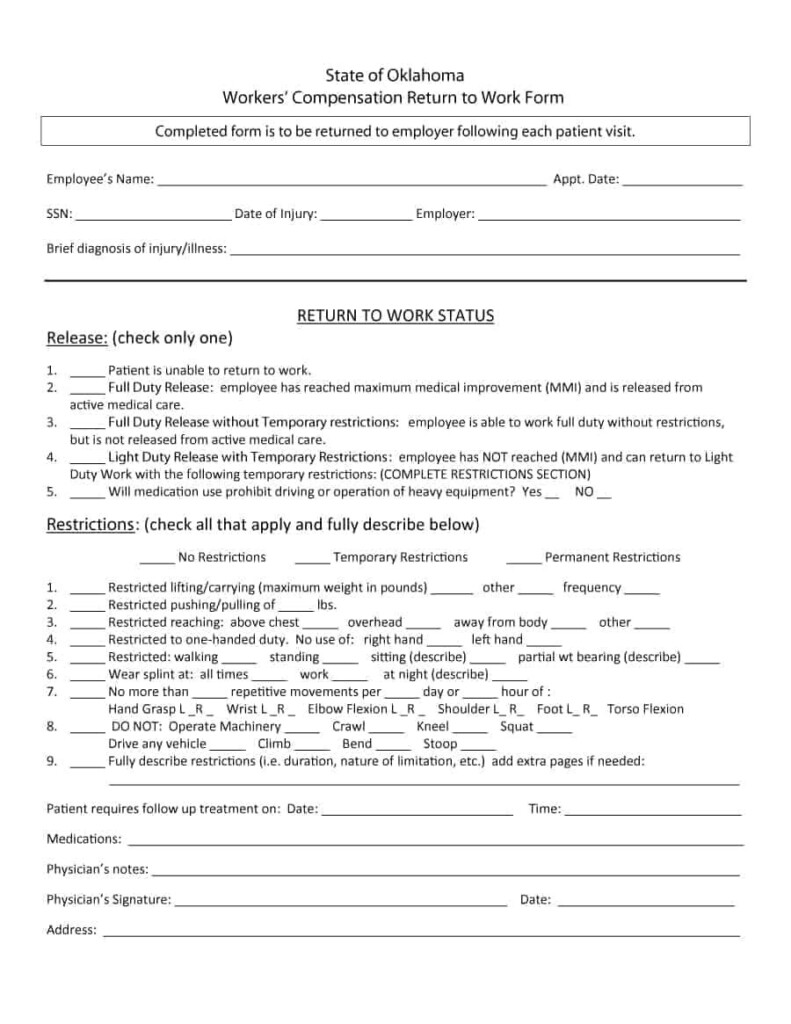 44 Return To Work Work Release Forms Printable Templates Return 