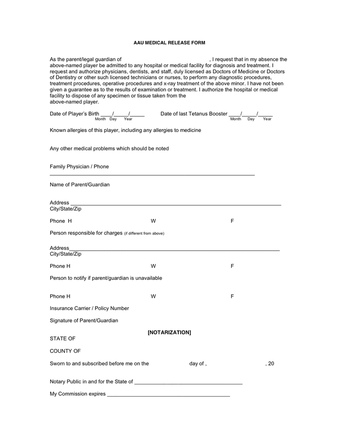 Aau Medical Release Form In Word And Pdf Formats