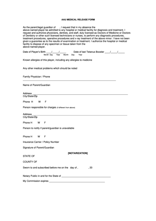 Aau Medical Release Form Printable Pdf Download