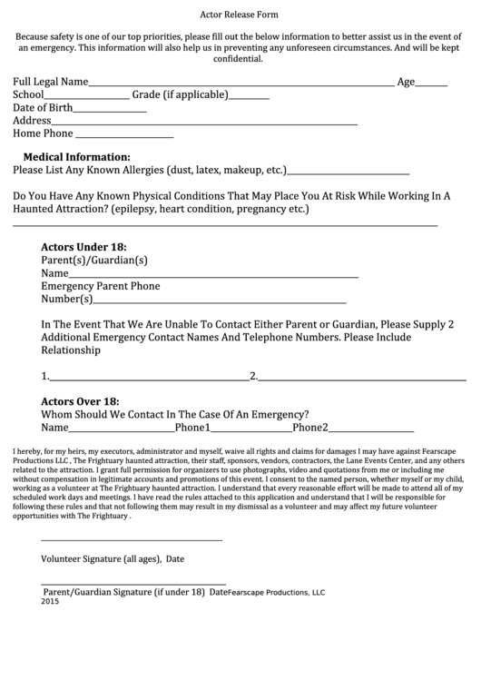 Actor Release Form Printable Pdf Download