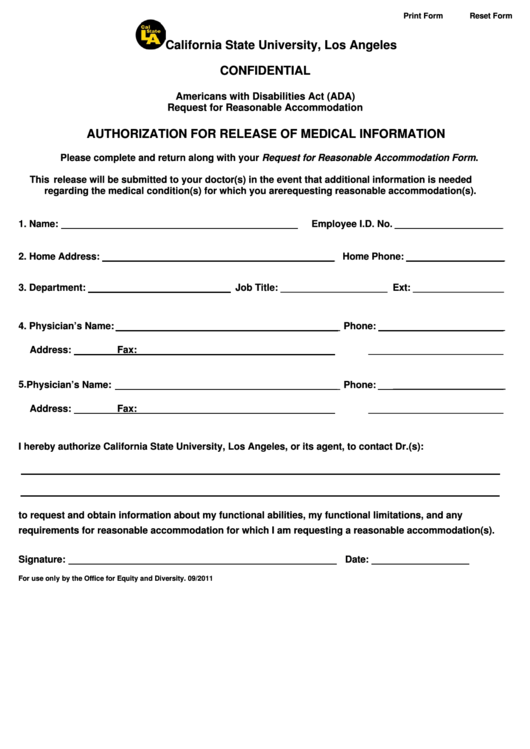 Ada Medical Release Form California State University Los Angeles