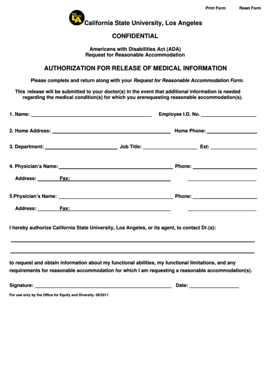 Ada Medical Release Form California State University Los Angeles 