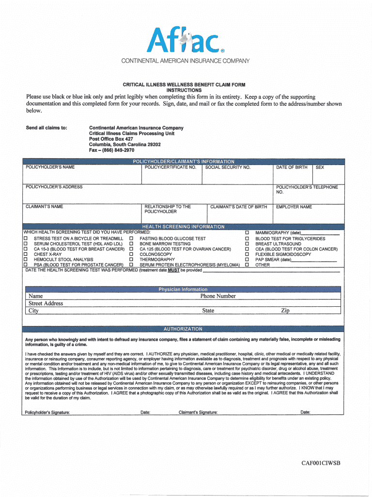 Aflac Critical Illness Claim Form Fill Online Printable Fillable 
