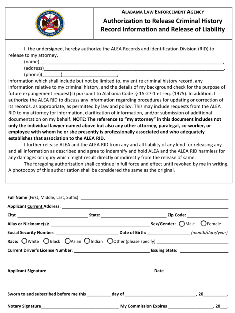 Alabama Authorization To Release Criminal History Record Information 