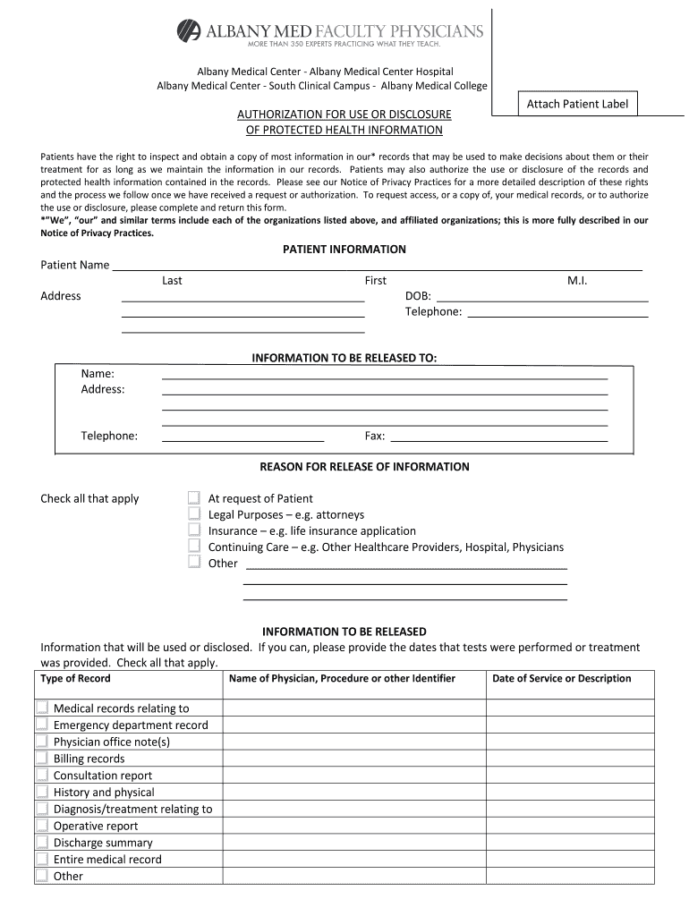 Albany Medical Center Medical Records Release Form Fill Online 