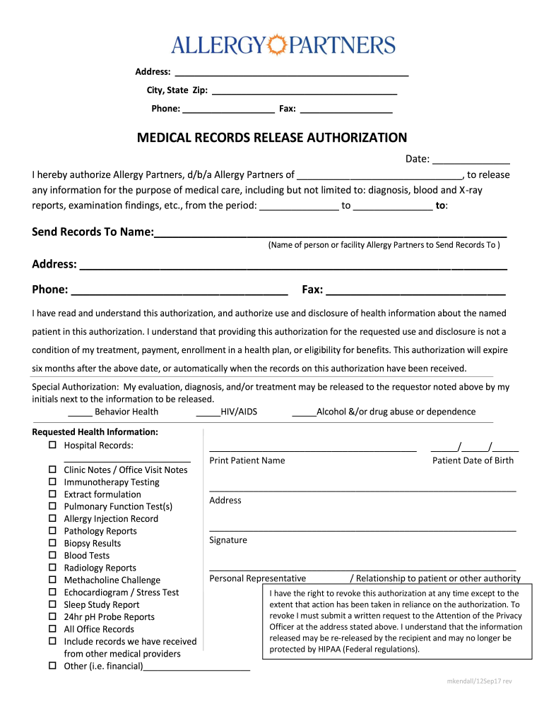 Allergy Partners Medical Records Release Authorization 2017 Fill And 