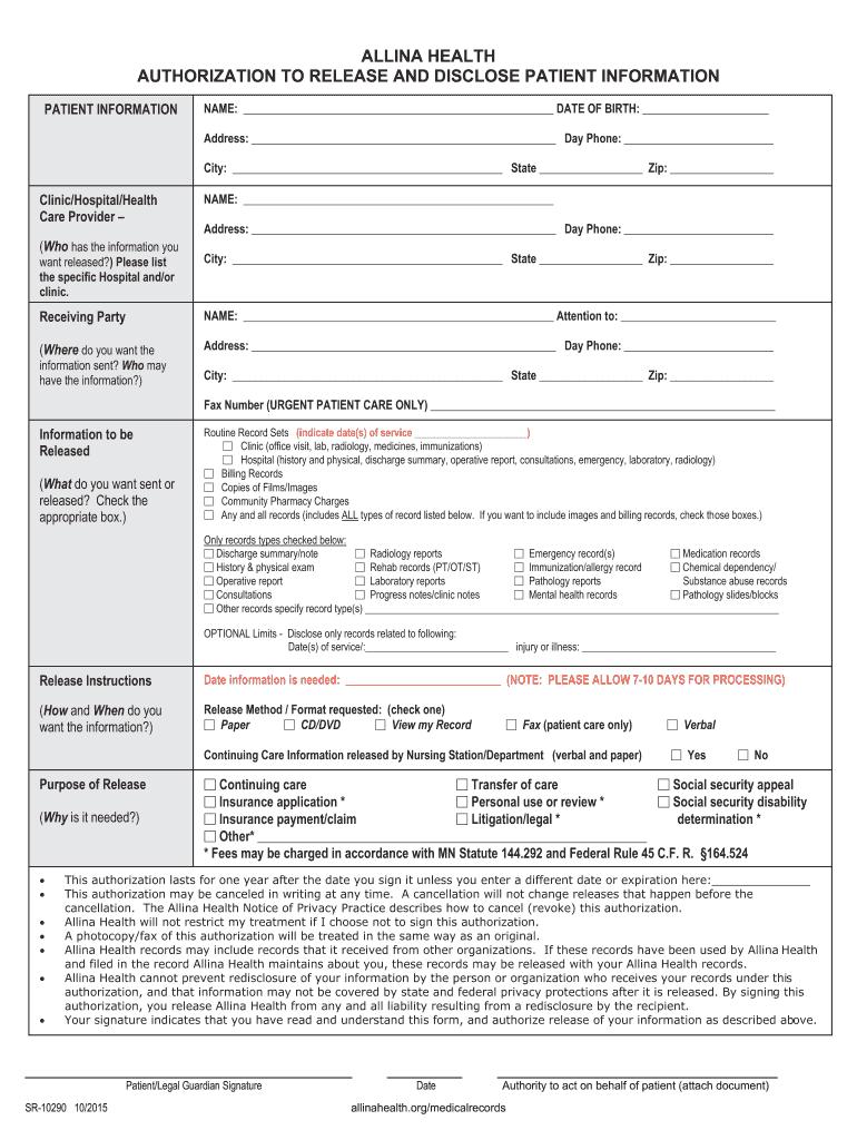 Allina Release Of Information Fill Out And Sign Printable PDF