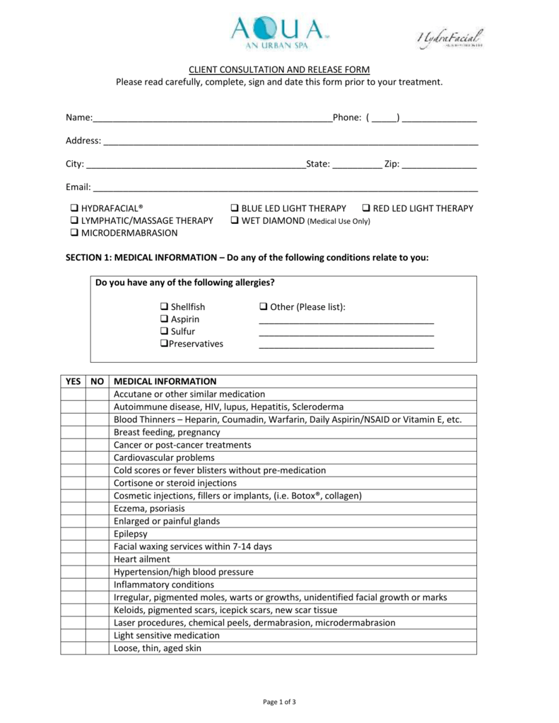 AQUA Hydrafacial Consultation And Release Form