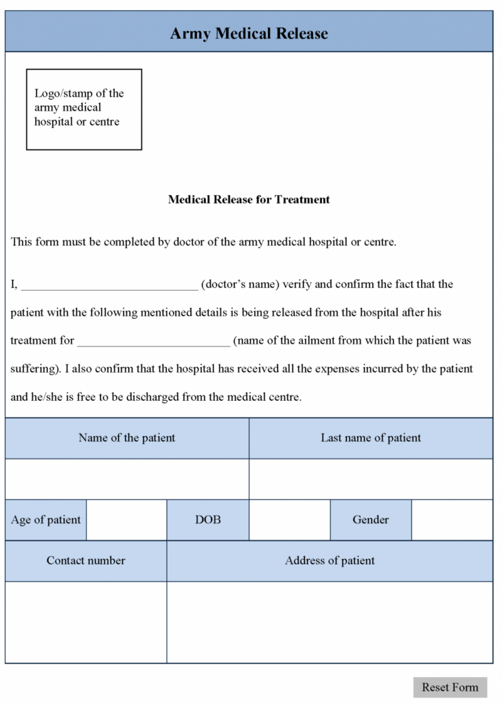 Army Medical Release Form Editable Forms