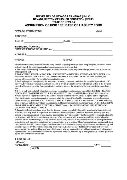 Assumption Of Risk Release Of Liability Form Printable Pdf Download