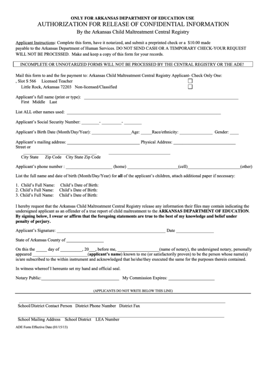 Authorization For Release Of Confidential Information Form Arkansas 