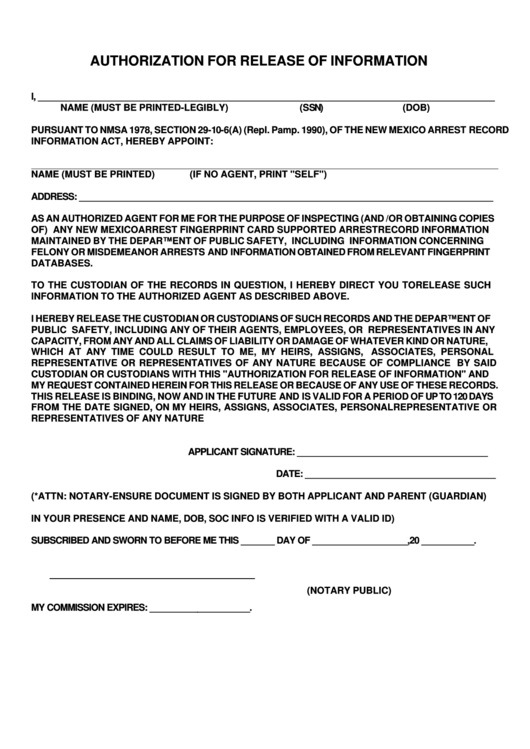 Authorization For Release Of Information Form Printable Pdf Download 1540