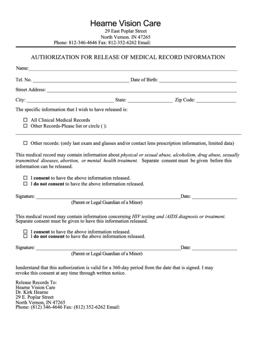 Authorization For Release Of Medical Record Information Form Printable 