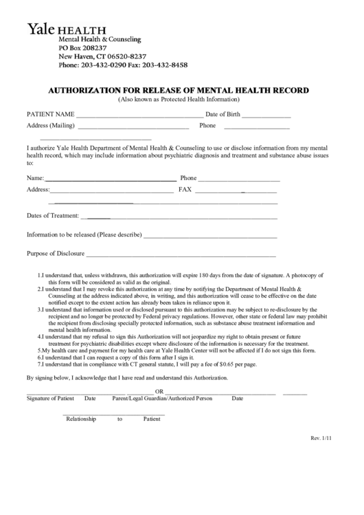 Authorization For Release Of Mental Health Record Printable Pdf Download