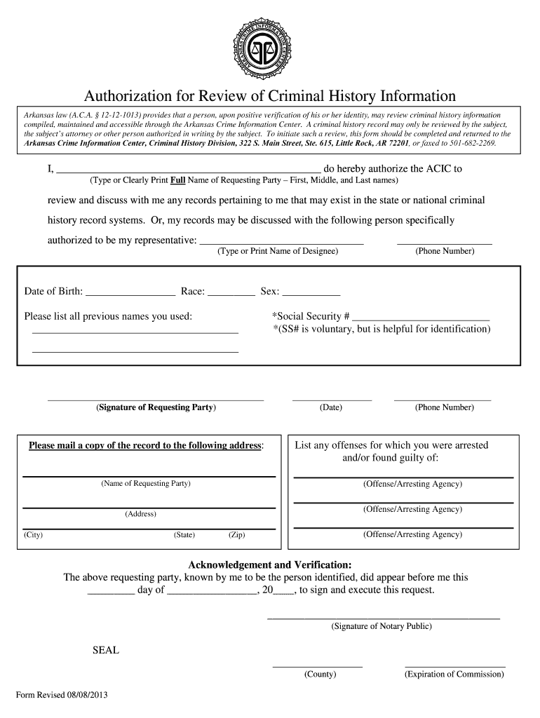 Authorization For Review Of Criminal History Information Acic Fill 