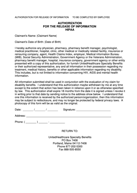 Authorization Form For The Release Of Information Unitedhealthcare