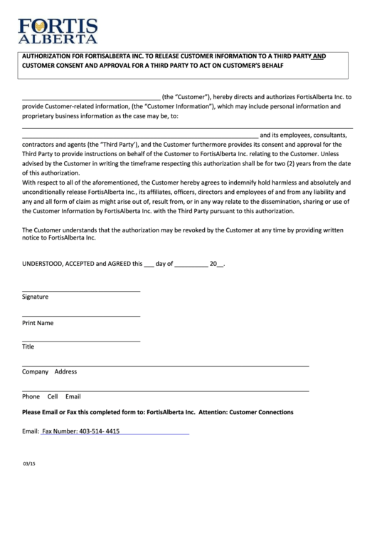 Authorization Form To Release Customer Information To A Third Party