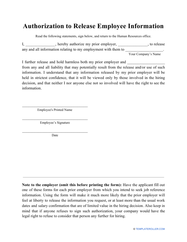 Authorization To Release Employee Information Form Download Printable 