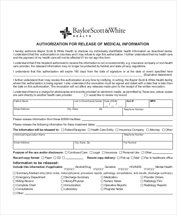 Authorization To Release Medical Information Form Texas Parandin Sargana