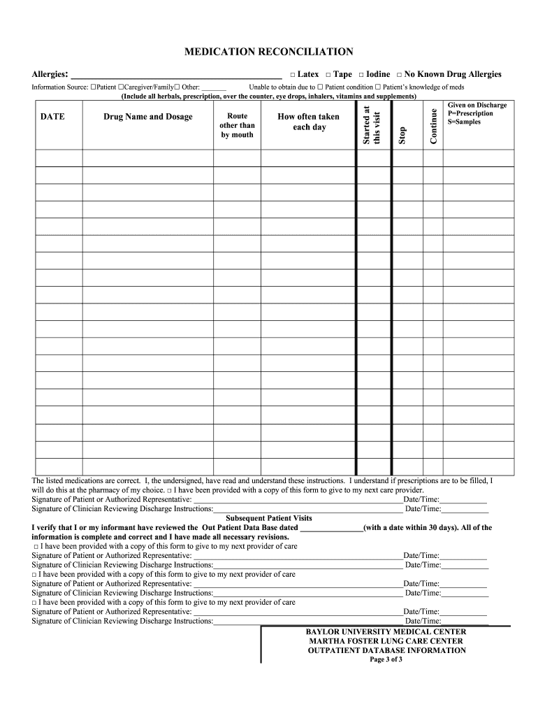 Baylor Scott White Health Medication Reconciliation Fill And Sign 