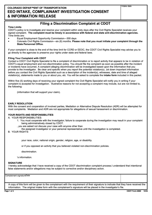 Cdot Form 889 Eeo Intake Complainant Investigation Consent 