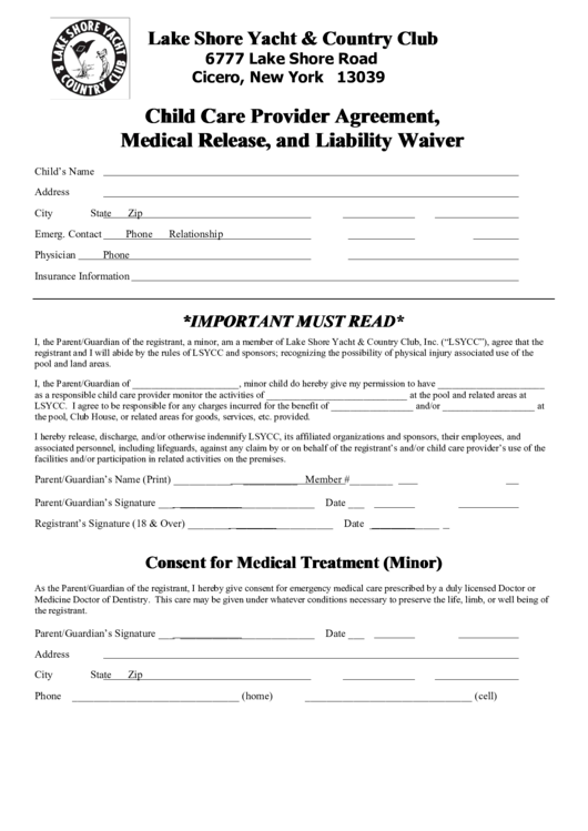 Child Care Provider Agreement Medical Release And Liability Waiver 