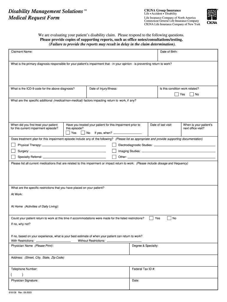 Cigna Disability Management Solutions Medical Request Form Fill Out 