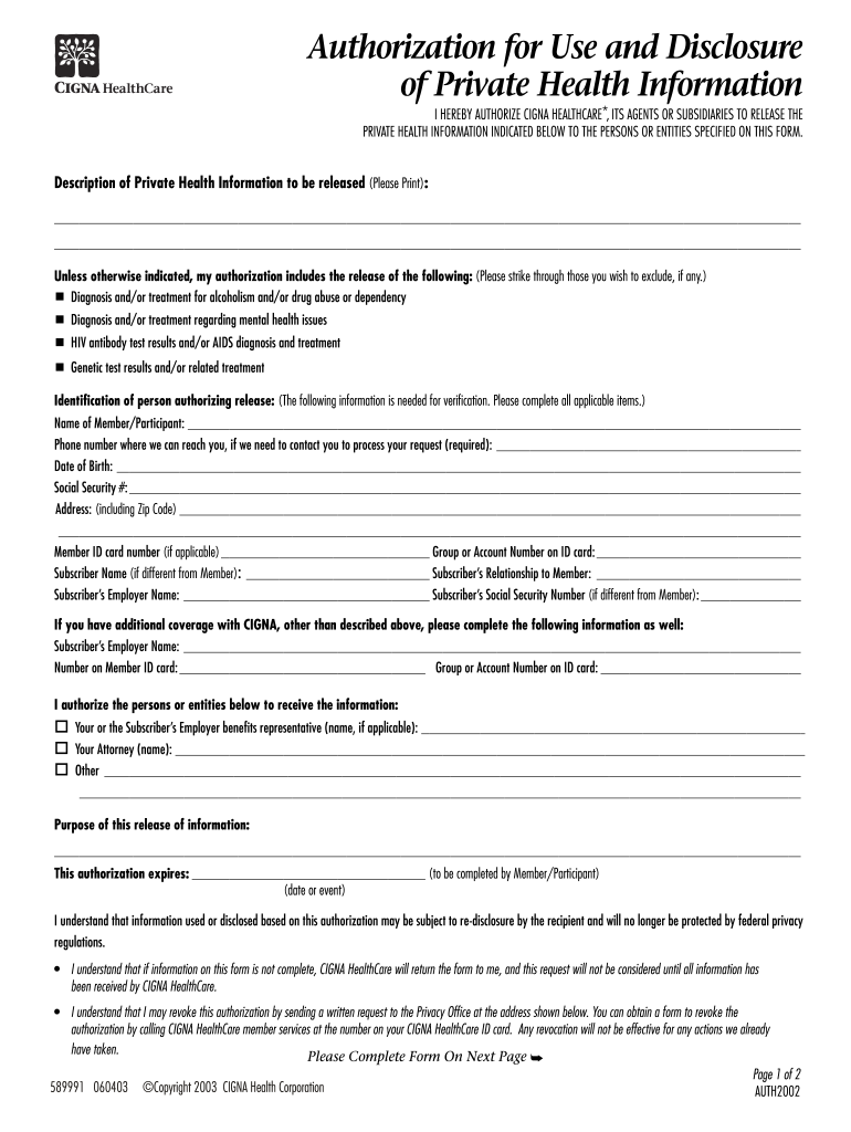 Cigna Hipaa Release Form 2002 2020 2021 Fill And Sign Printable