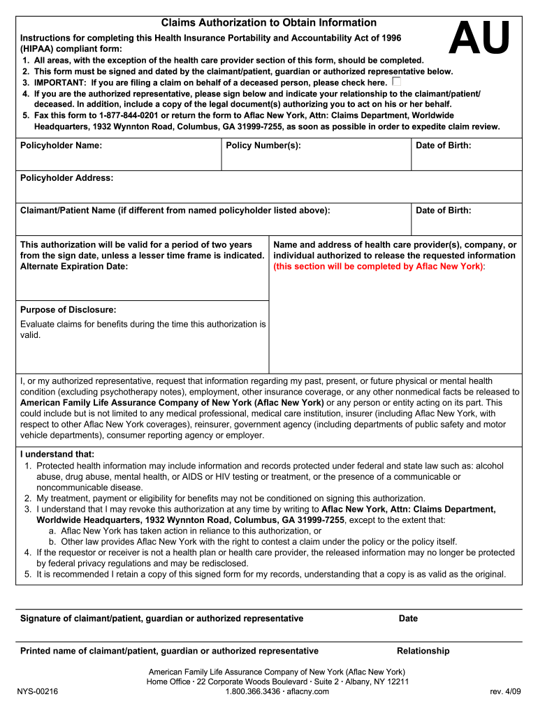 Claims Authorization To Obtain Information Aflac Fill Out And Sign 
