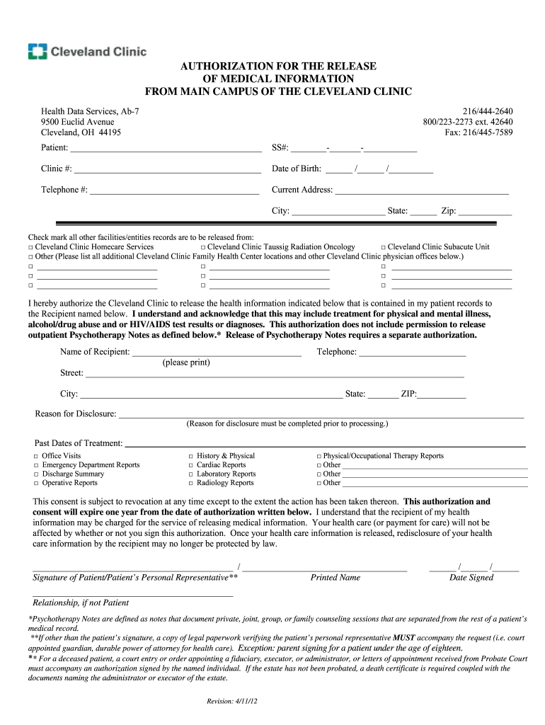 Cleveland Clinic Authorization Release Form 2020 Fill And Sign 