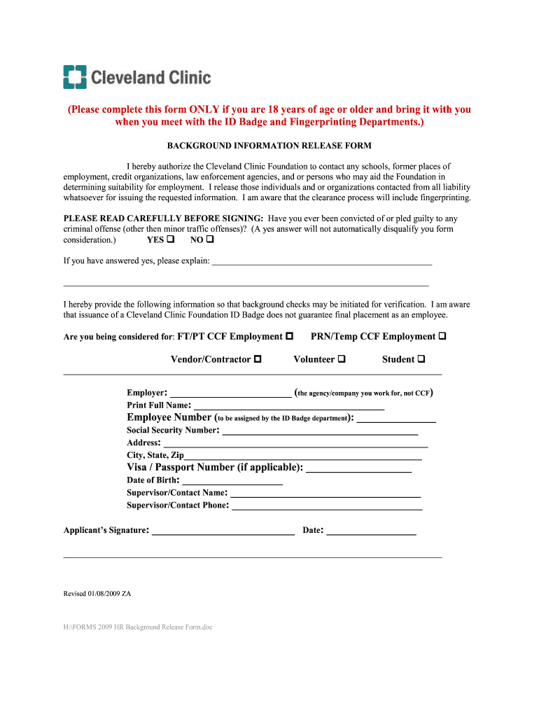 Cleveland Clinic Background Information Release Form 2009 Fill And 