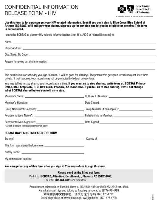 Confidential Information Release Form Hiv Blue Cross Blue Shield Of 