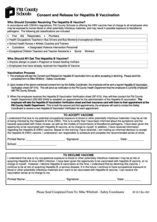 Consent And Release For Hepatitis B Vaccination Form Printable Pdf Download