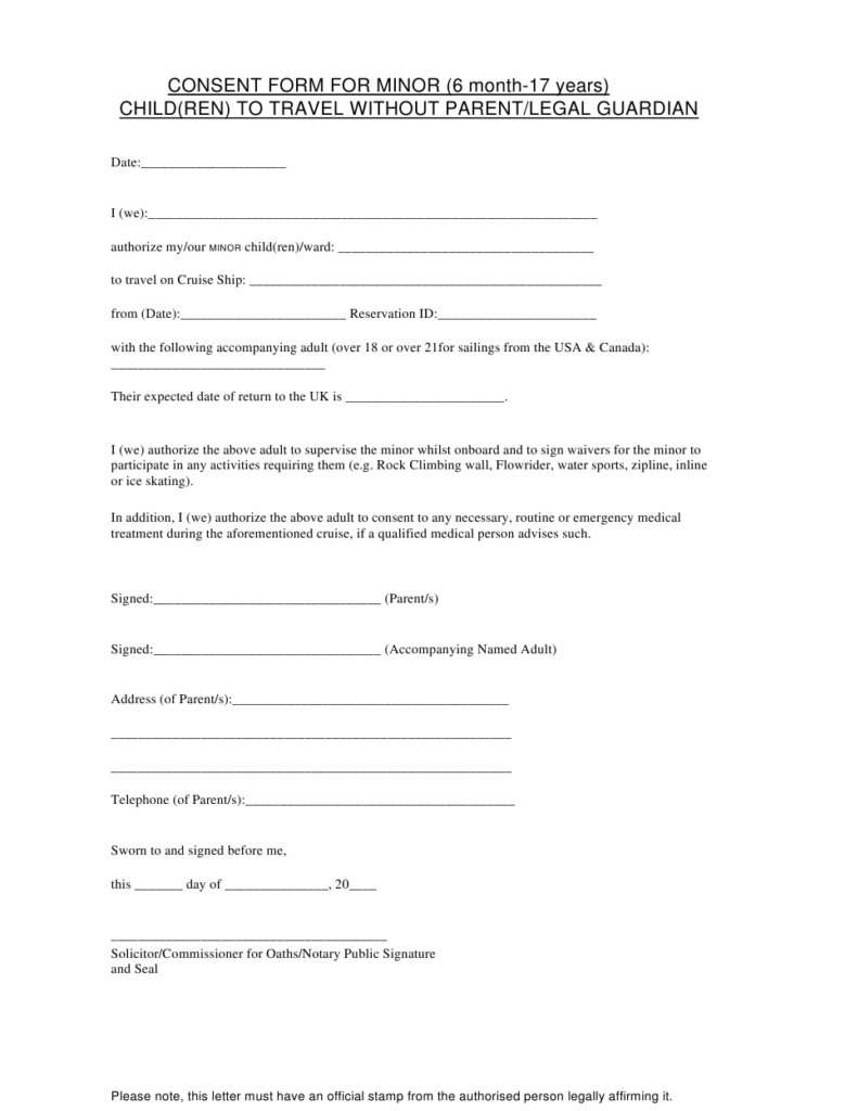 Consent Form For Minor Child Ren To Travel Without Parent Legal 
