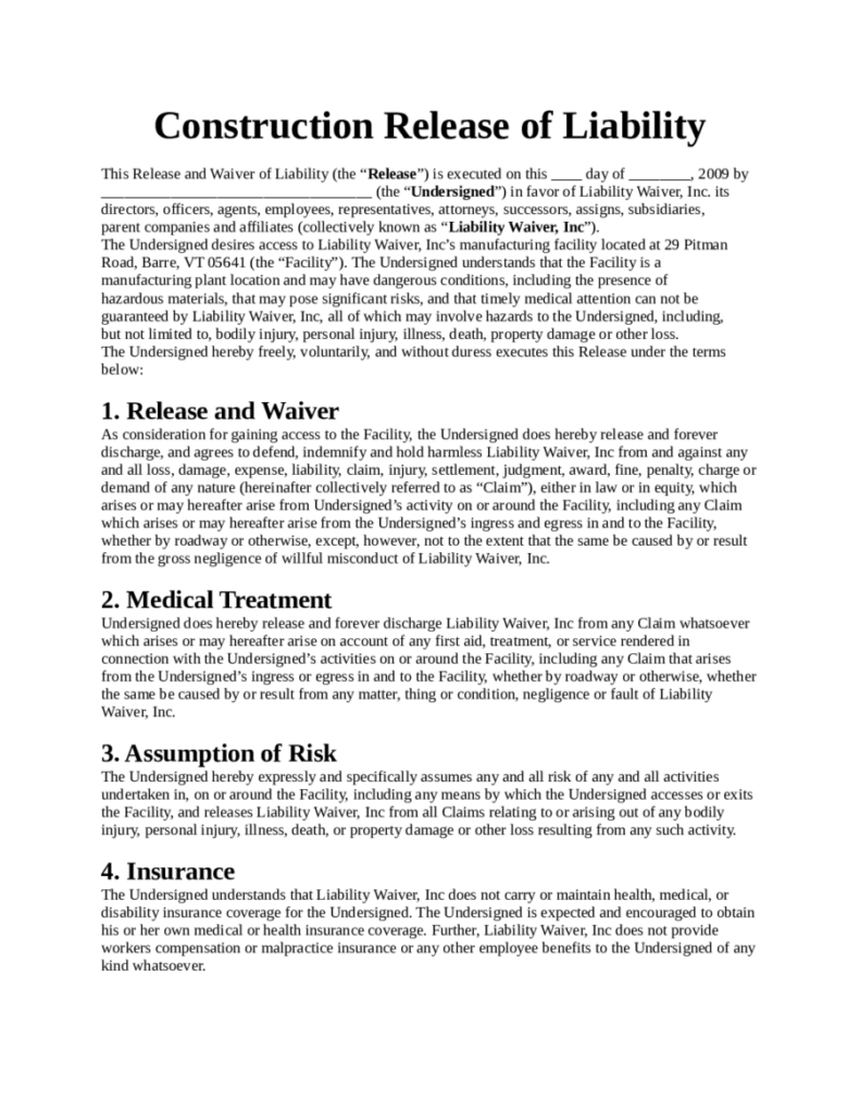 Construction Release Of Liability Form Download Edit Fill Sign 