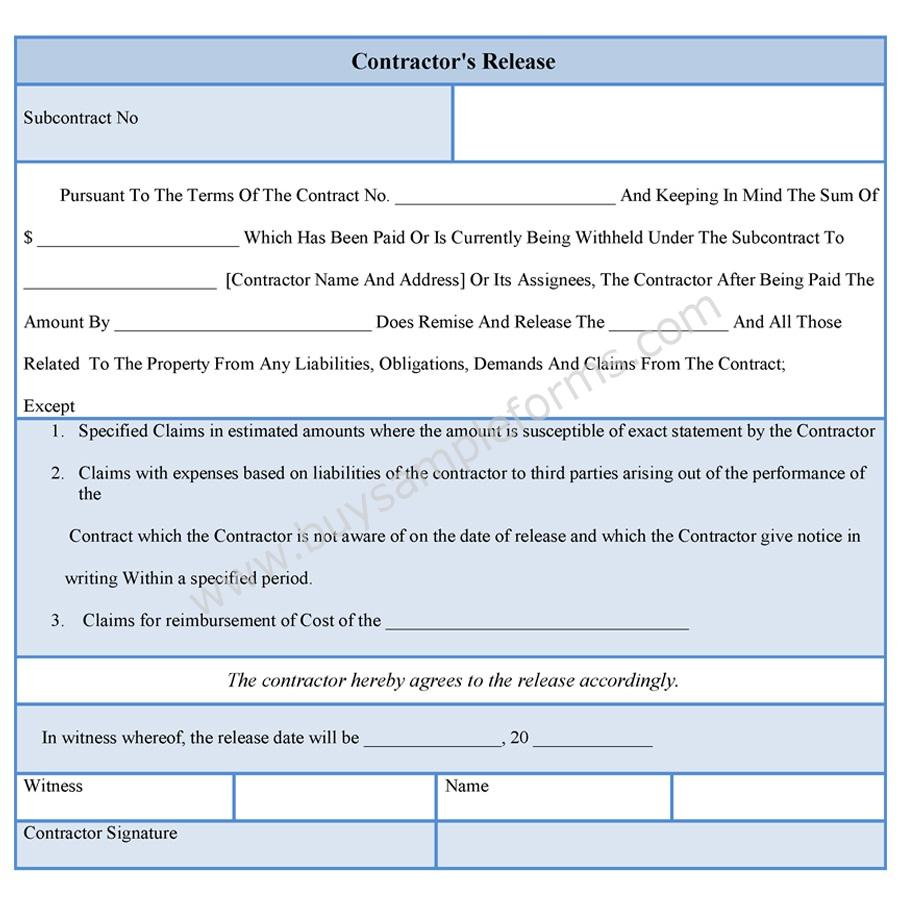 Contractor Liability Release Form Sample Forms