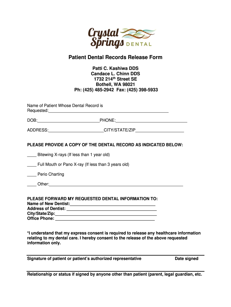 Crystal Springs Dental Patient Dental Records Release Form Fill And 