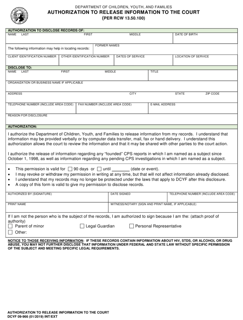 DCYF Form 09 966 Download Fillable PDF Or Fill Online Authorization To 